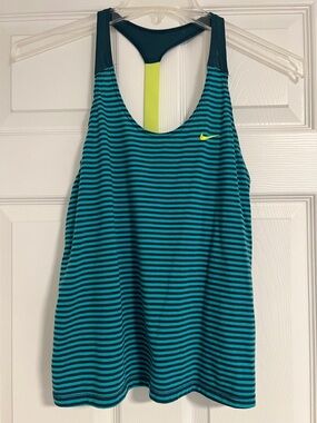Nike Teal & Navy Striped Racerback Tank with Neon Yellow Swoosh